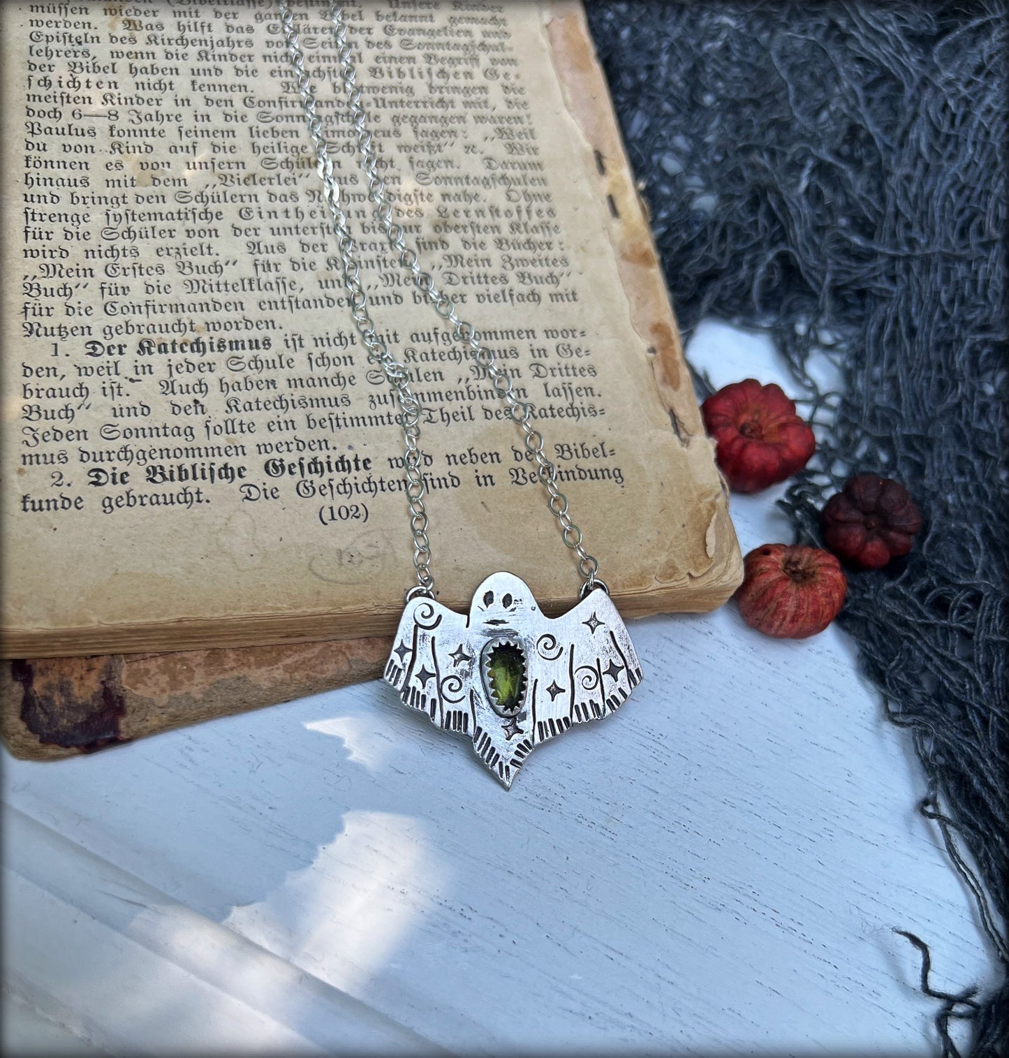 Ghostie~ hand crafted sterling silver rose cut peridot ghost necklace~