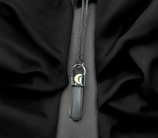 Moon in Shadow~ Hand crafted Smoky Quartz Crescent Moon Talisman | Dark Crystal Pendant | Sterling Silver & Copper Witch Necklace~