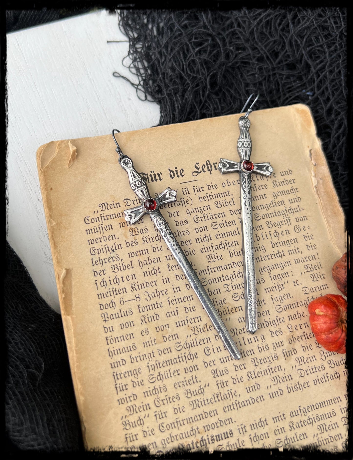 Two of Swords~Sword sterling silver and garnet made to order earrings~