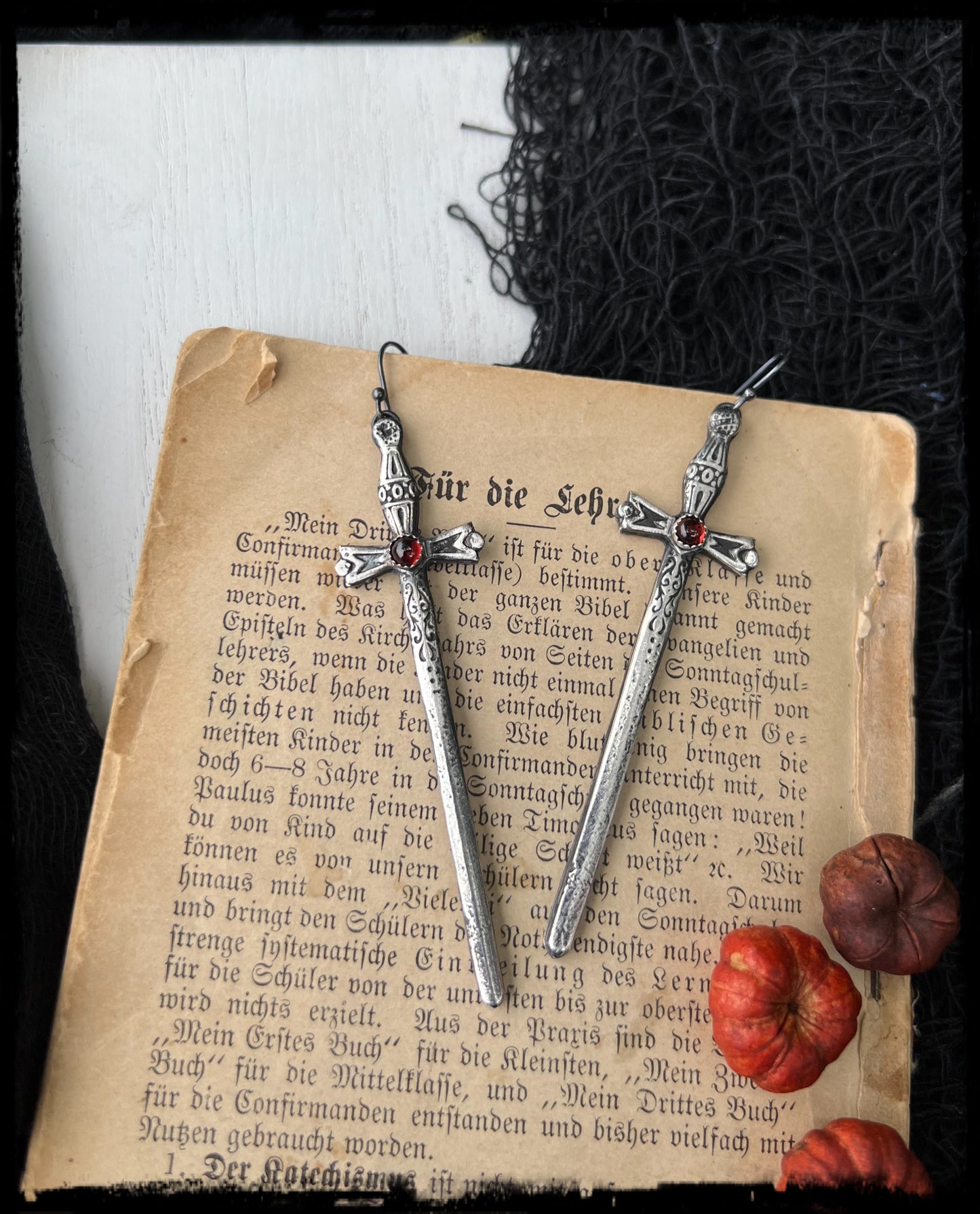 Two of Swords~Sword sterling silver and garnet made to order earrings~