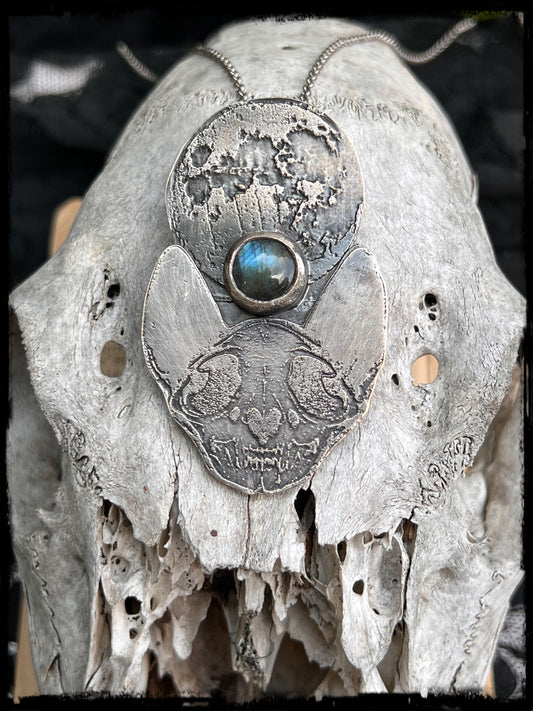 Deus lunae cattus ~ Hand crafted Cat & moon etched with labradorite Sterling silver necklace~