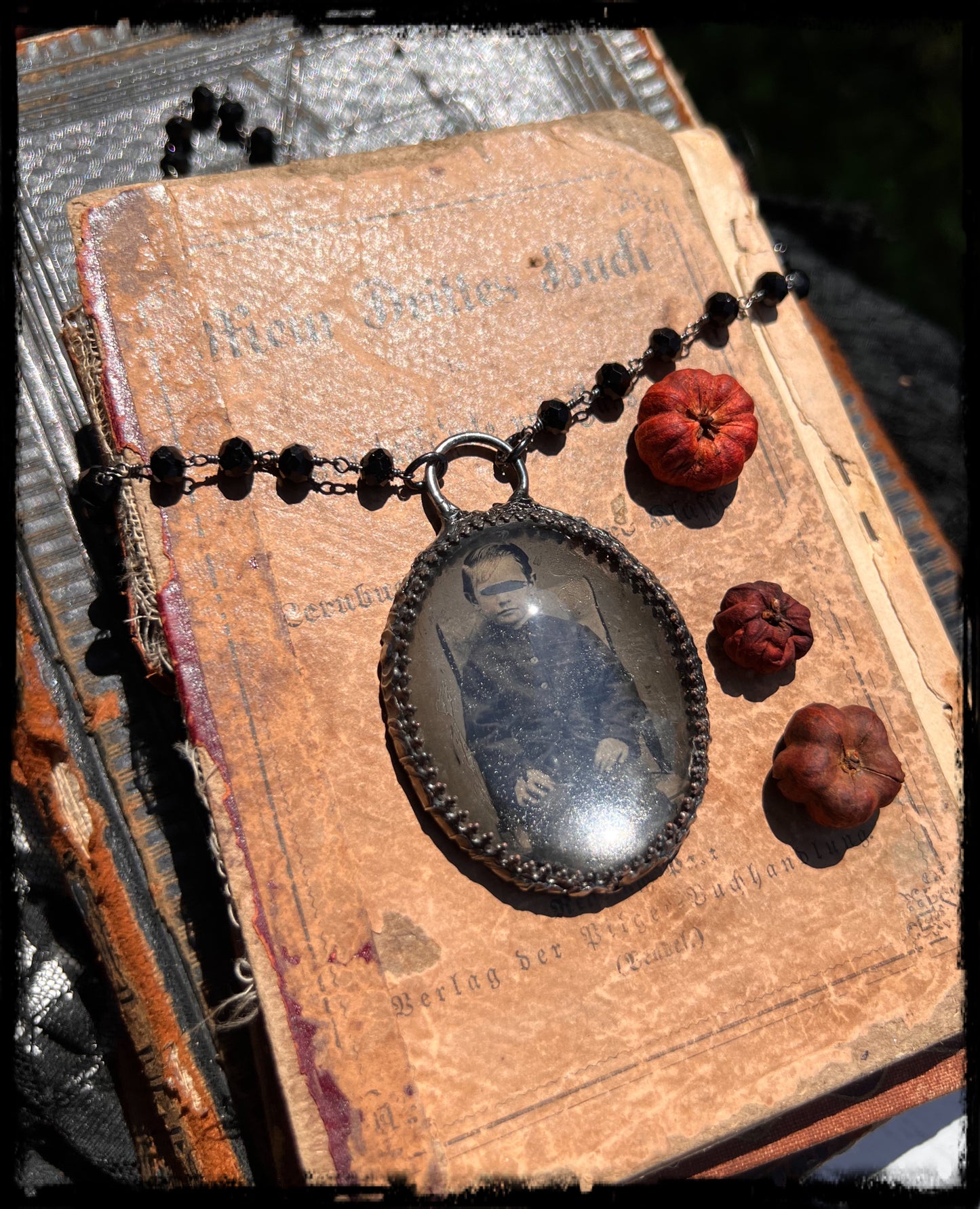 Lost souls~ Creepy Victorian boy tintype photo under glass Tiffany techniqueblack rosary bead chain necklace~