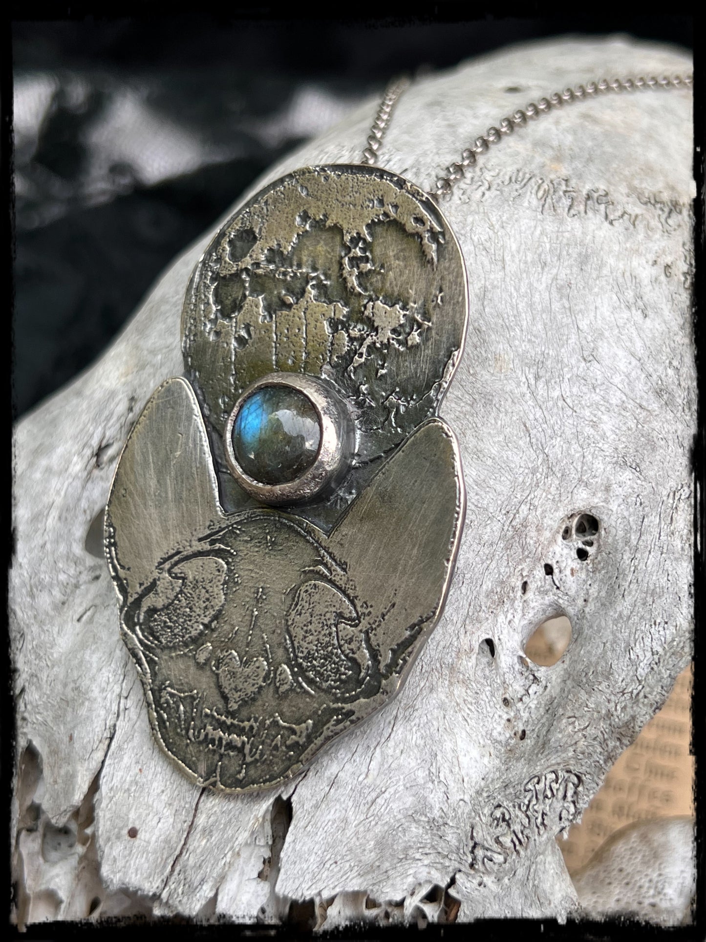 Deus lunae cattus ~ Hand crafted Cat & moon etched with labradorite Sterling silver necklace~