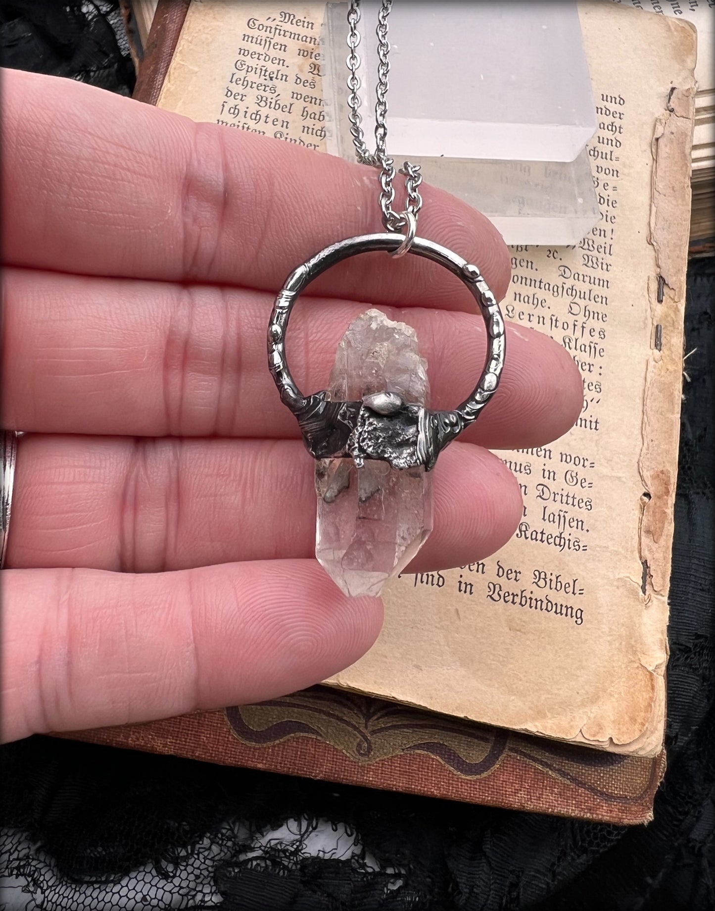 Arkansas clear quartz brutalist style Tiffany Technique crystal layering necklace~