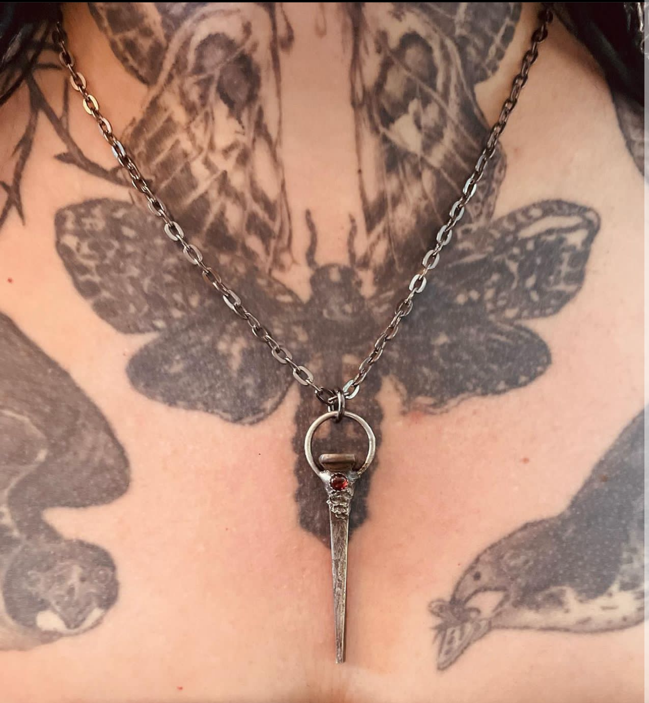 Blood-drop~Hand Crafted Antique Coffin nail with garnet Tiffany technique made to order pendant necklace~
