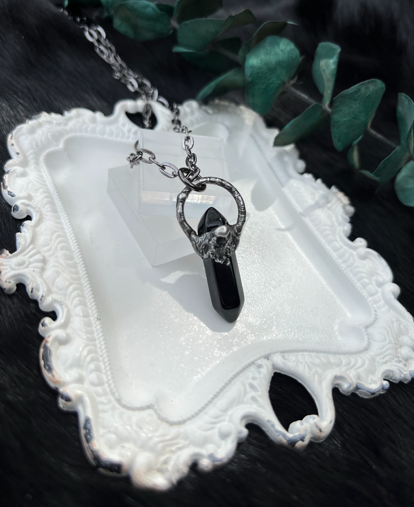 ~Made to Order~Hand crafted brutalist obsidian Tiffany Technique crystal stacker necklace~
