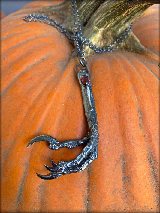 Corvus Corax~MTO sterling silver lost wax Ravens claw with garnet made to order necklace ~