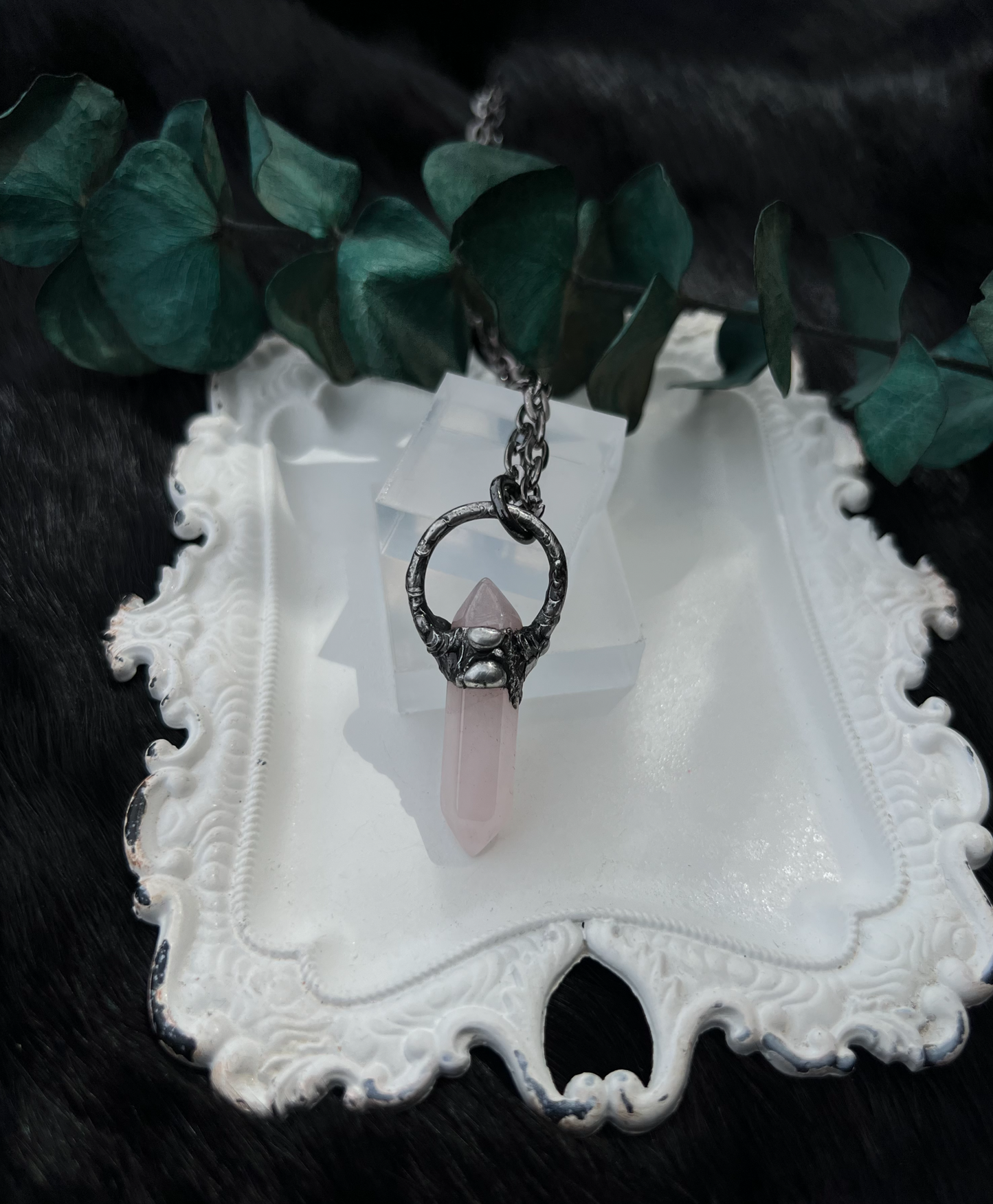 ~Made to order~Hand crafted brutalist rose quartz Tiffany Technique crystal stacker necklace~