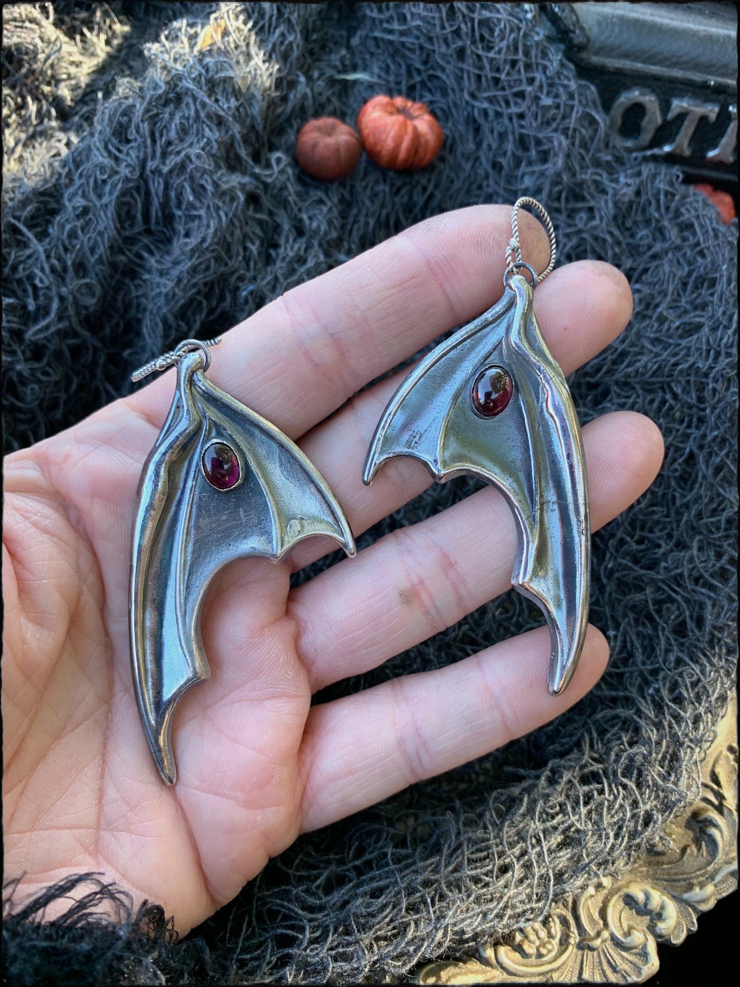 Sterling silver Batwing garnet earrings~ lost wax casted ~ - Paletree Arcana