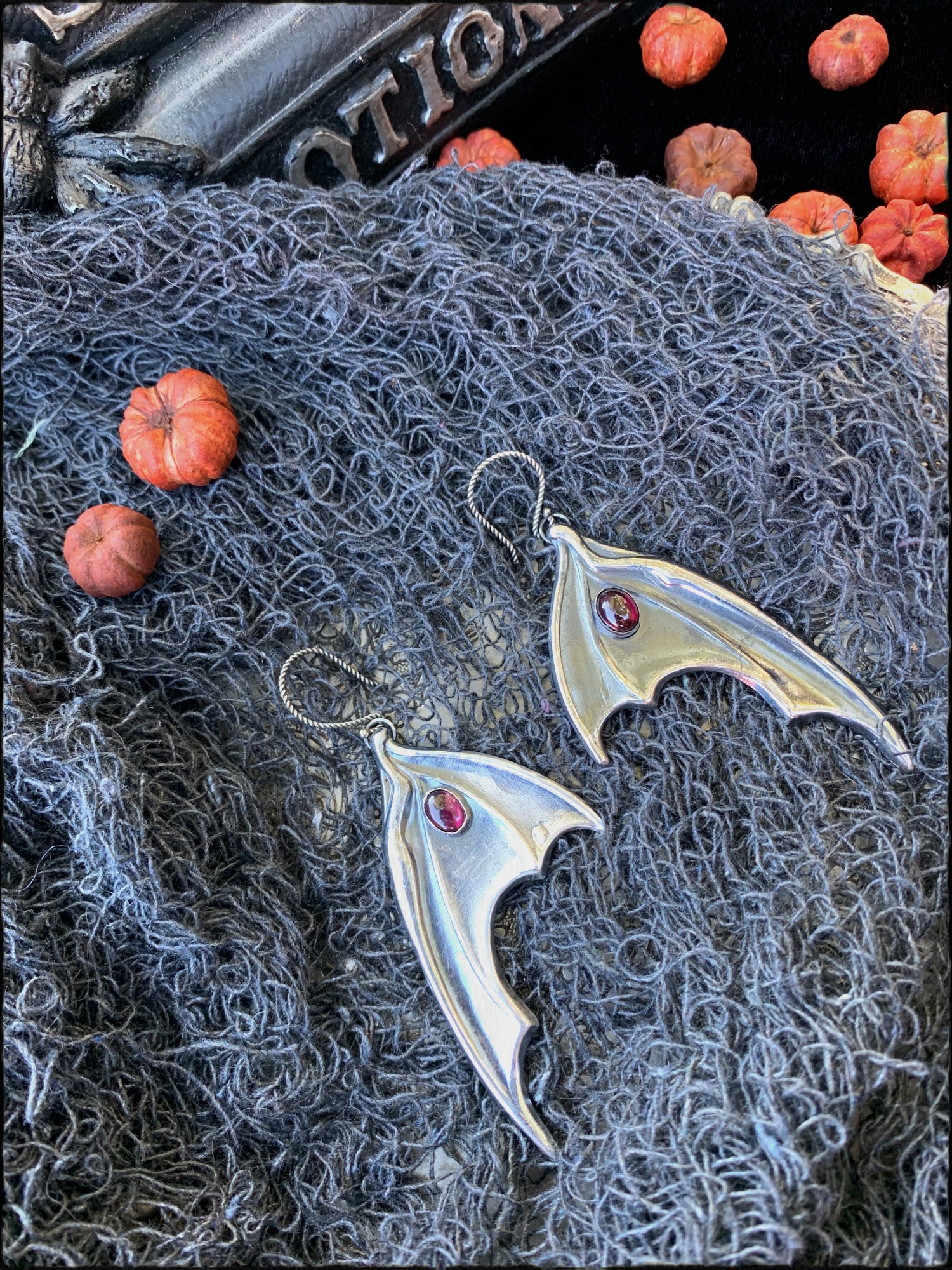 Sterling silver Batwing garnet earrings~ lost wax casted ~ - Paletree Arcana