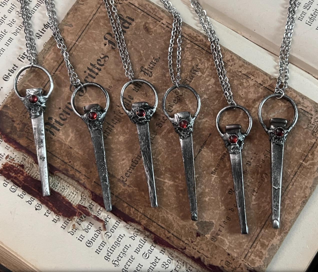 Blood-drop~Hand Crafted Antique Coffin nail with garnet Tiffany technique made to order pendant necklace~