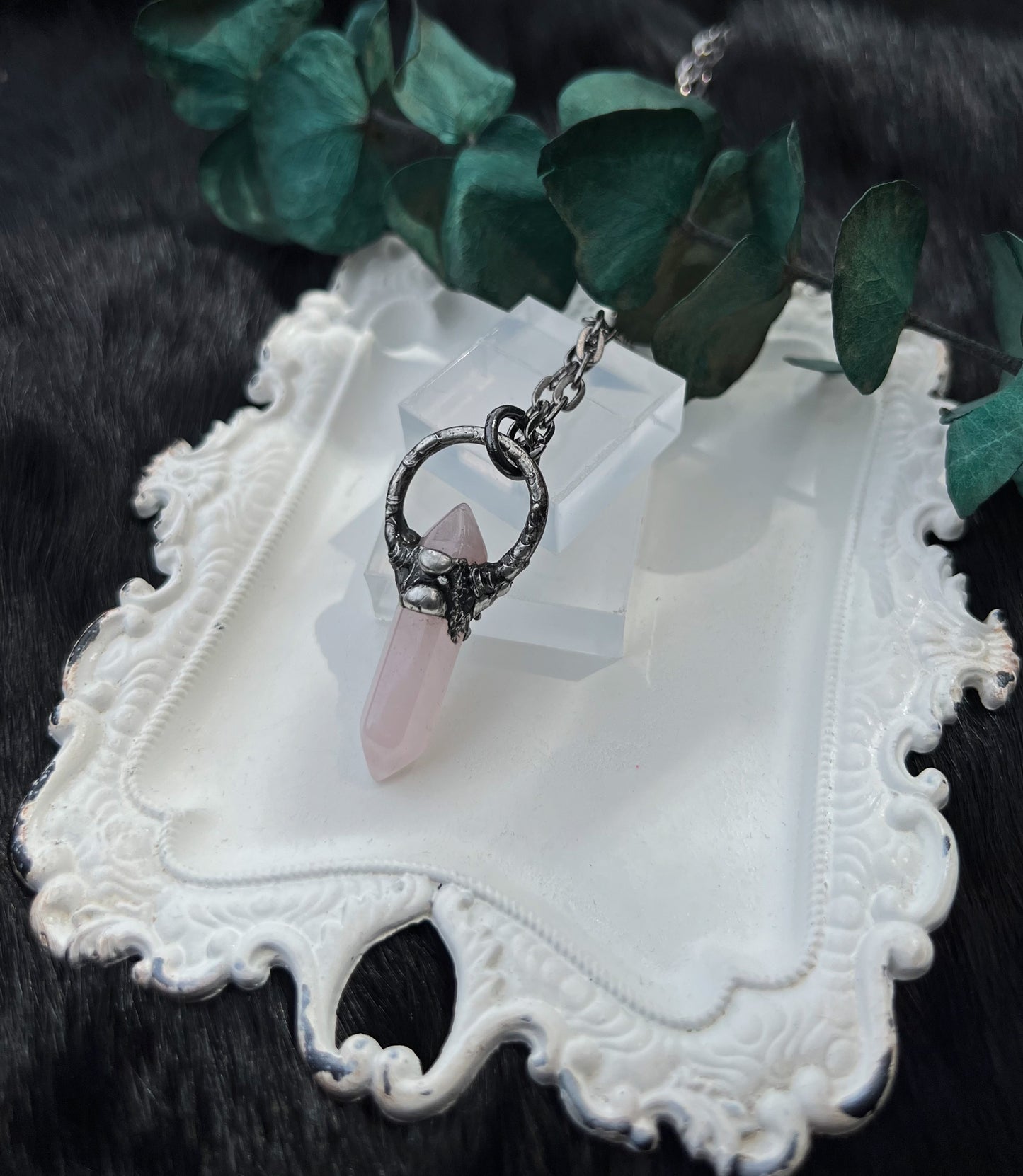 ~Made to order~Hand crafted brutalist rose quartz Tiffany Technique crystal stacker necklace~